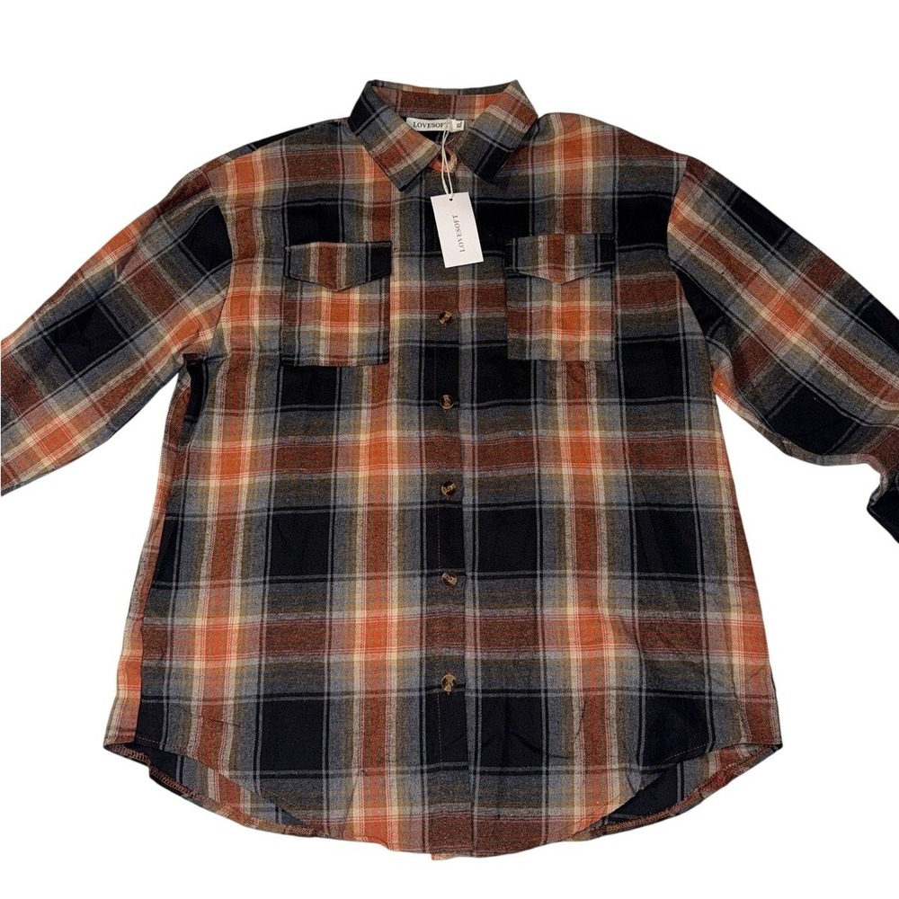 Lovesoft Orange Black Plaid Flannel Button Down Shirt Women XL New With Tags